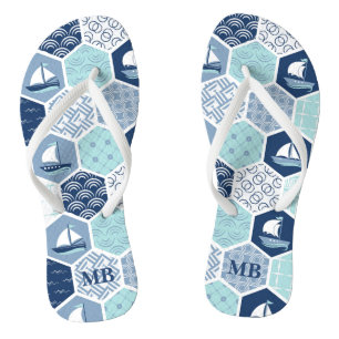 Monogram Nautical Modern Boat Blue Personalized Flip Flops