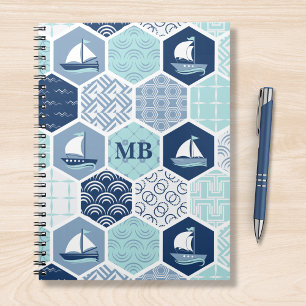 Monogram Nautical Modern Boat Blue Personalized Notebook
