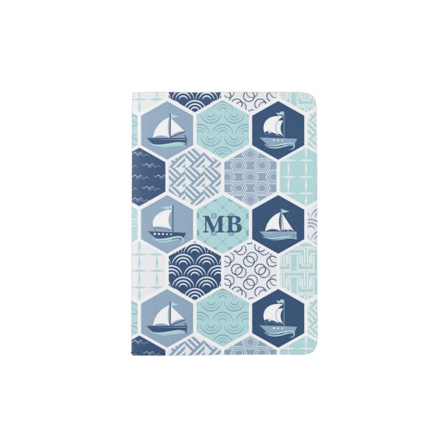 Monogram Nautical Modern Boat Blue Personalized Passport Holder (Front)