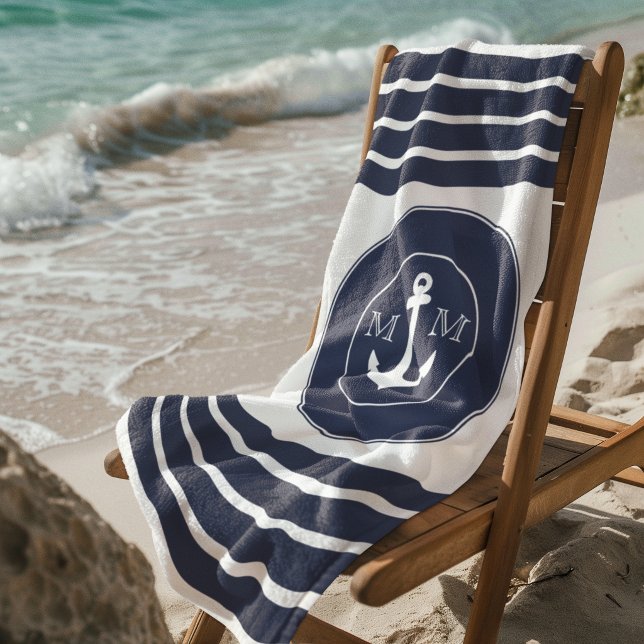  Monogram Nautical Modern Navy Blue White Stripes Beach Towel (Creator Uploaded)