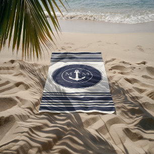 Monogram Nautical Modern White Navy Blue Stripes Beach Towel