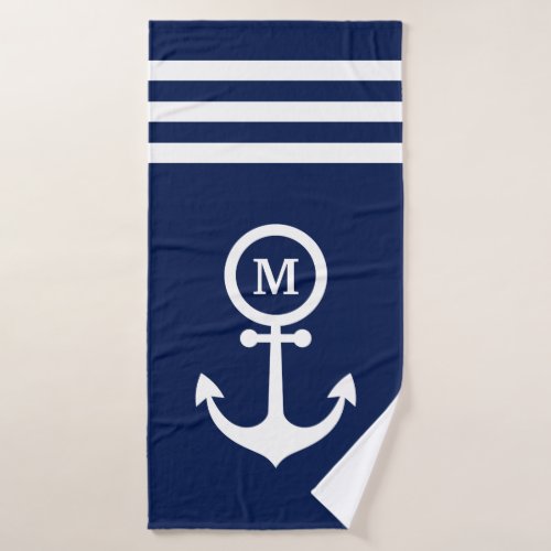 Monogram Nautical Navy Blue Anchor Stripes Custom  Bath Towel