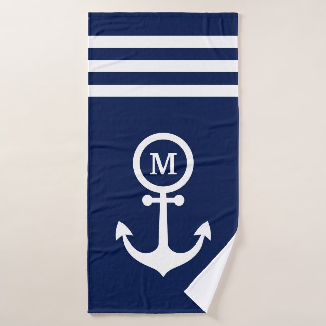 Monogram Nautical Navy Blue Anchor Stripes Custom  Bath Towel (Bath Towel)