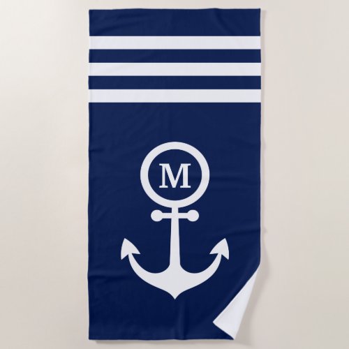 Monogram Nautical Navy Blue Anchor Stripes Custom Beach Towel