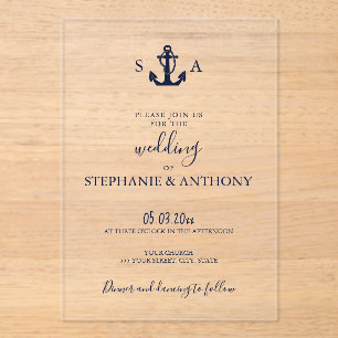Monogram Nautical Navy Blue Anchor Wedding     Acrylic Invitations