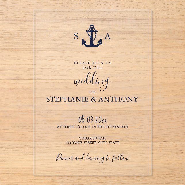 Monogram Nautical Navy Blue Anchor Wedding     Acrylic Invitations (Front)