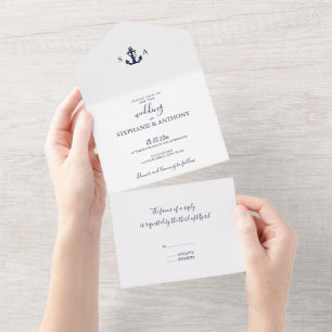 Monogram Nautical Navy Blue Anchor Wedding All In One Invitation