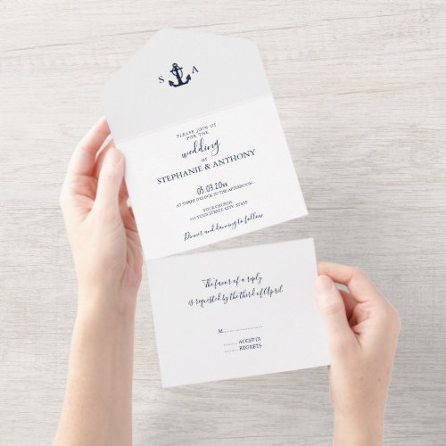 Monogram Nautical Navy Blue Anchor Wedding     All In One Invitation