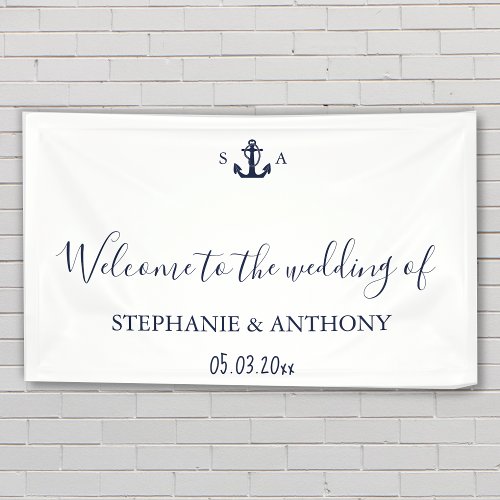 Monogram Nautical Navy Blue Anchor Wedding     Banner