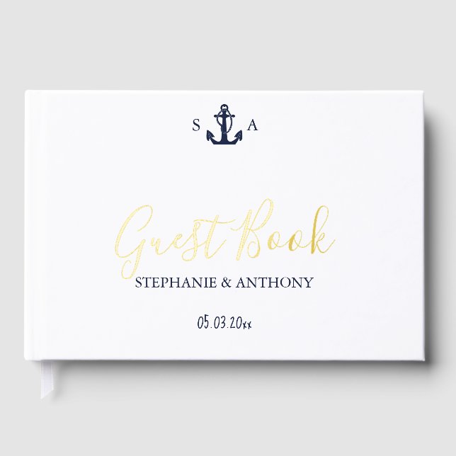 Monogram Nautical Navy Blue Anchor Wedding    Foil Guest Book (Front)
