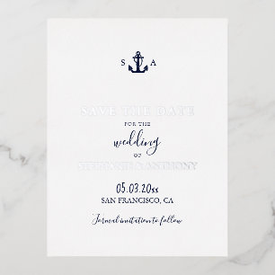 Monogram Nautical Navy Blue Anchor Wedding Foil Holiday Postcard