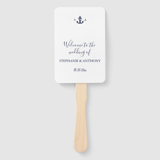 Monogram Nautical Navy Blue Anchor Wedding    Hand Fan (Front)