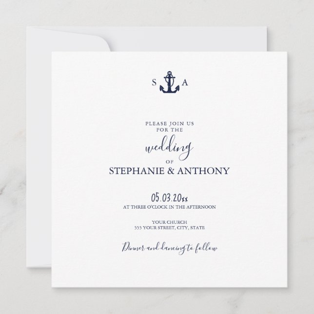 Monogram Nautical Navy Blue Anchor Wedding    Invitation (Front)