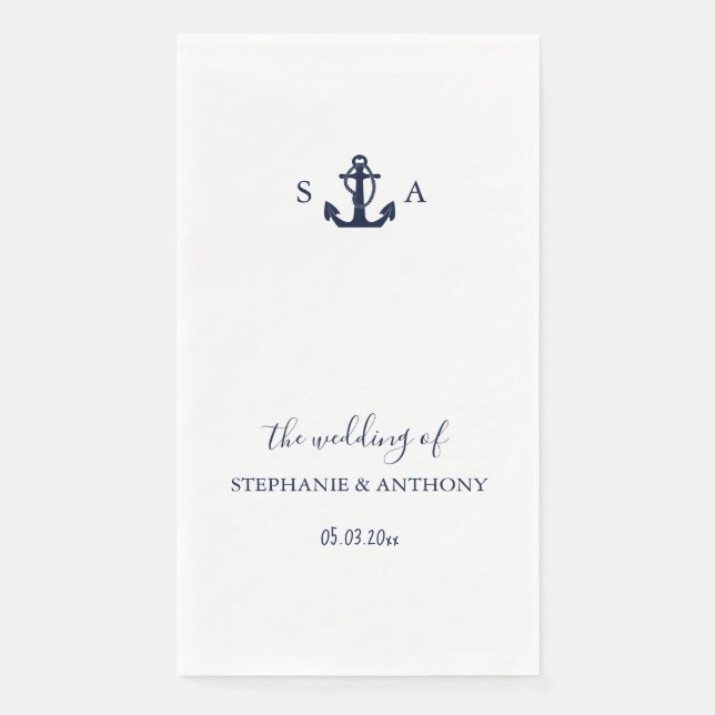 Monogram Nautical Navy Blue Anchor Wedding    Paper Guest Towels (Front)