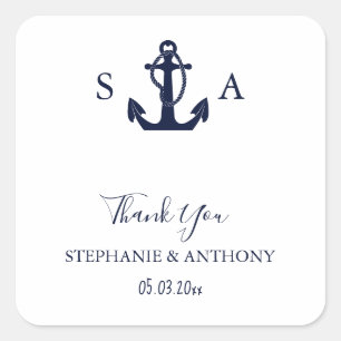 Monogram Nautical Navy Blue Anchor Wedding Square Sticker