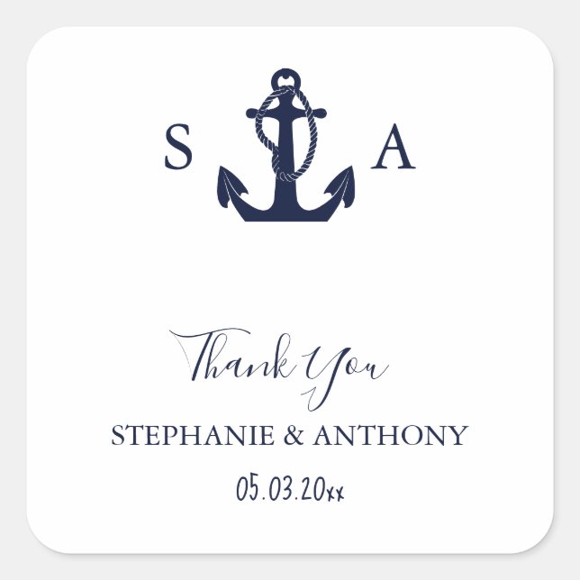 Monogram Nautical Navy Blue Anchor Wedding    Square Sticker (Front)