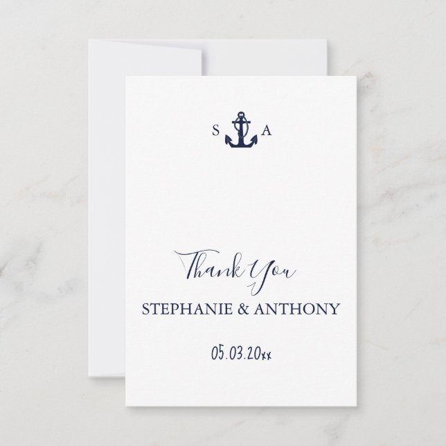 Monogram Nautical Navy Blue Anchor Wedding    Thank You Card (Front)