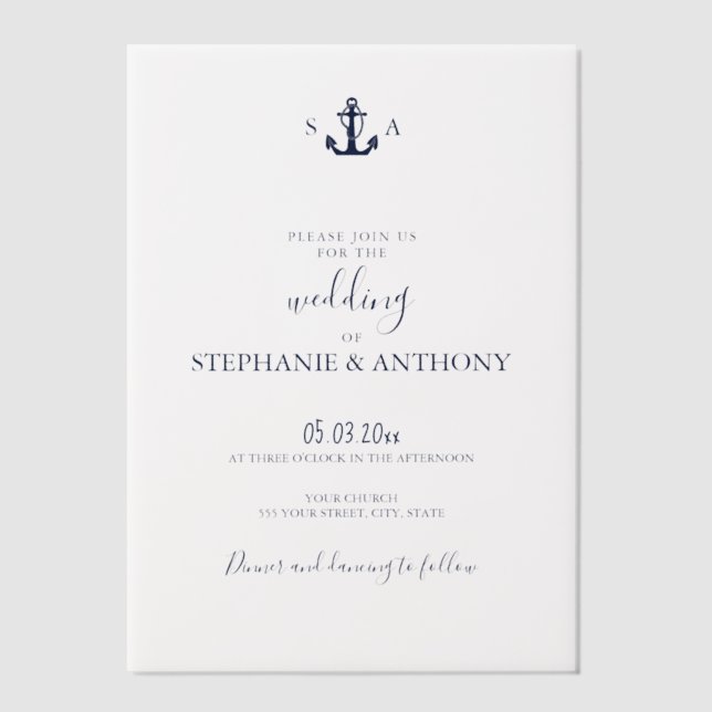 Monogram Nautical Navy Blue Anchor Wedding    Vellum Invitations (Front)