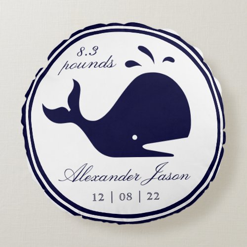Monogram Nautical Navy Blue Whale white coastal   Round Pillow