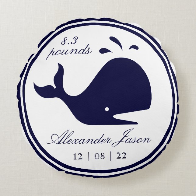 Monogram Nautical Navy Blue Whale white coastal   Round Pillow (Front)