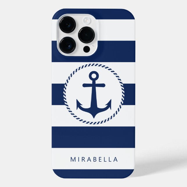 Monogram Nautical Navy Blue White Stripes Anchor iPhone Case (Back)