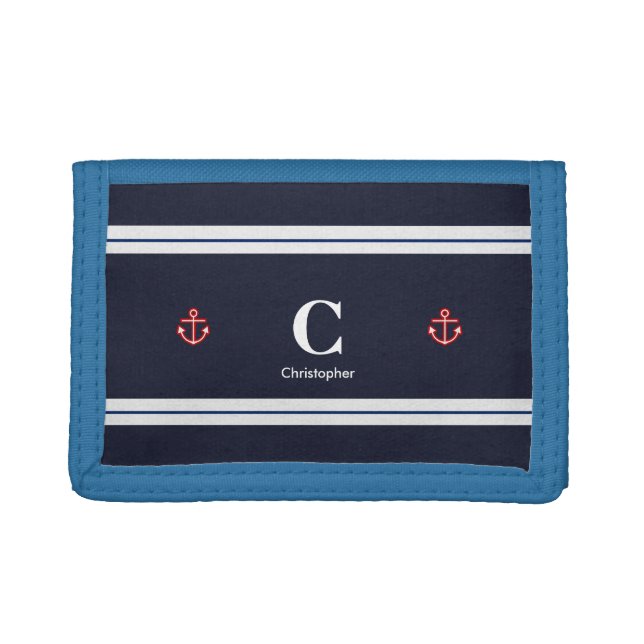 Monogram Nautical Navy Blue White Stripes Tri-fold Wallet (Front)