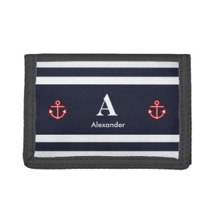 Monogram Nautical Navy Blue White Stripes Trifold Wallet