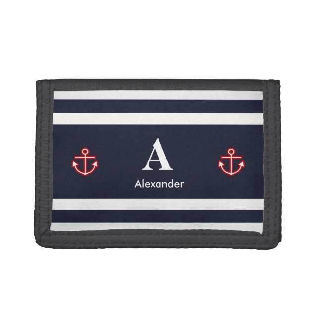 Monogram Nautical Navy Blue White Stripes Trifold Wallet (Front)
