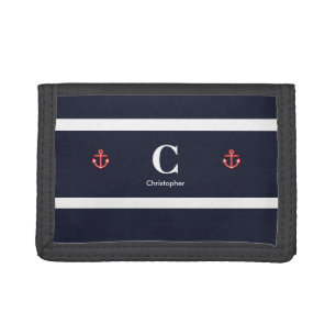 Monogram Nautical Navy Blue White Stripes Trifold Wallet