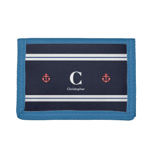 Monogram Nautical Navy Blue White Stripes Trifold Wallet