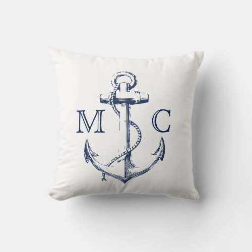 Monogram Nautical Navy  White Sketch Anchor  Throw Pillow