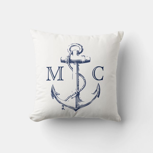 Monogram Nautical Navy + White Sketch Anchor | Throw Pillow (Front)