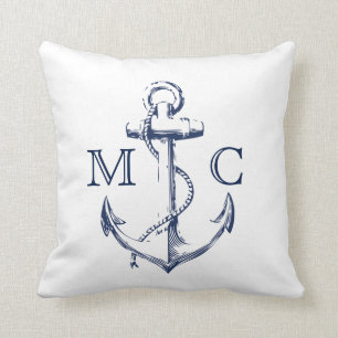 Monogram Nautical Navy + White Sketch Anchor Throw Pillow
