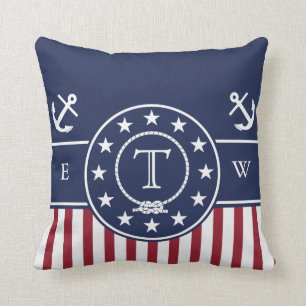 Monogram Nautical Patriotic Blue Anchor and Line Throw Pillow