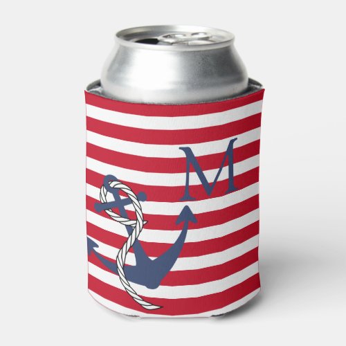 Monogram Nautical Red White Stripe Navy Anchor Can Cooler