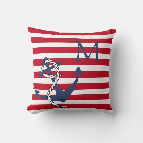 Monogram Nautical Red White Stripe Navy Anchor  Th Throw Pillow