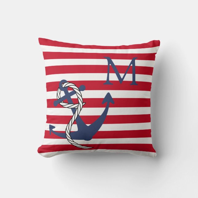Monogram Nautical Red White Stripe Navy Anchor  Th Throw Pillow (Front)