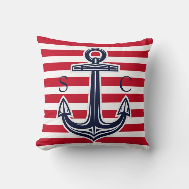 Monogram Nautical Red White Stripe Navy Anchor Throw Pillow (Front)