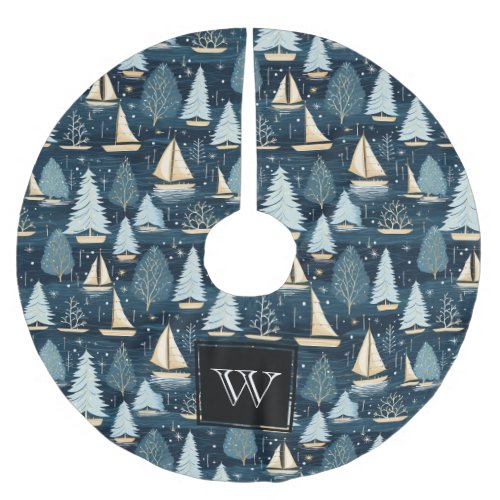 Monogram Nautical Sailboat Brushed Polyester Tree Skirt