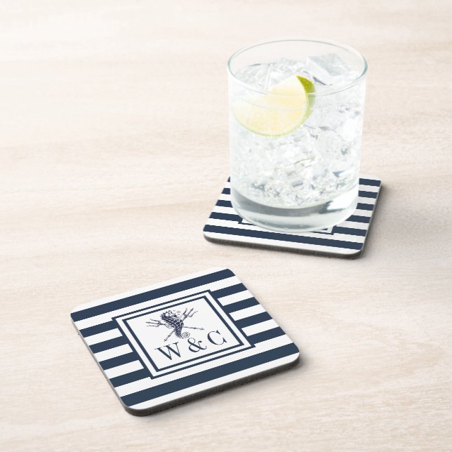 Monogram Nautical Seahorse Navy Blue Stripe Beverage Coaster (Right Side)