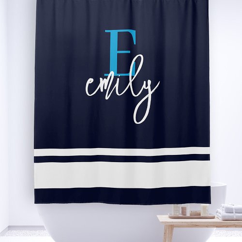 Monogram Nautical Stripes Navy Blue White Shower Curtain