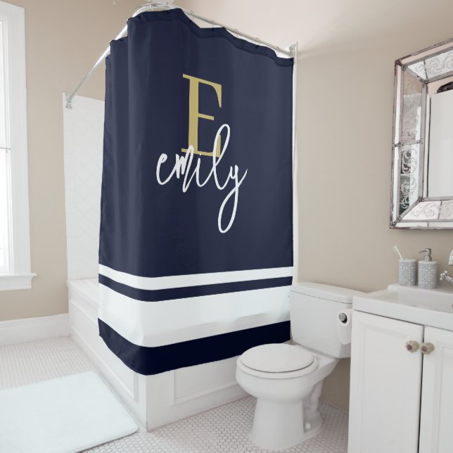 Monogram Nautical Stripes Navy Gold White Shower Curtain (In Situ)