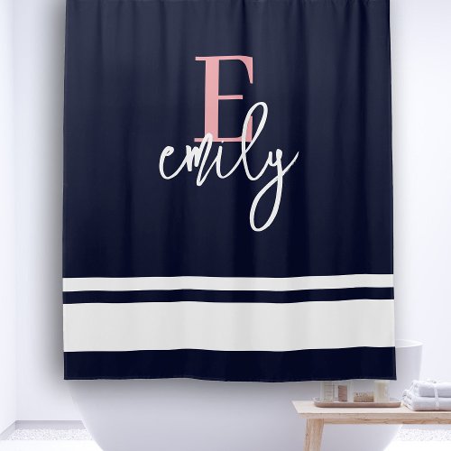 Monogram Nautical Stripes Navy Pink White Shower Curtain