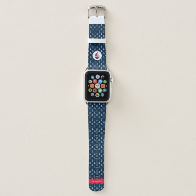 Monogram. Nautical Theme. Sailing Ship. Apple Watch Band (Front)