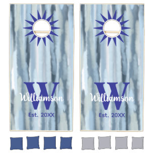 Monogram nautical watercolor stripes blue gray  cornhole set
