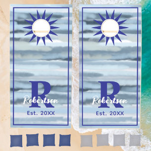 Monogram nautical watercolor stripes blue gray  cornhole set