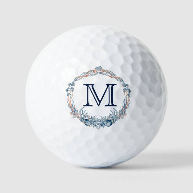 Monogram Nautical Wedding Favor Seashell Wreath  Golf Balls (Front)