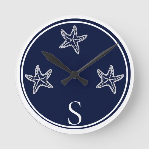 Monogram Nautical White Navy Blue Starfish Beach Round Clock