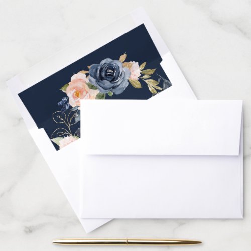 Monogram navy and blush watercolor floral wedding envelope liner
