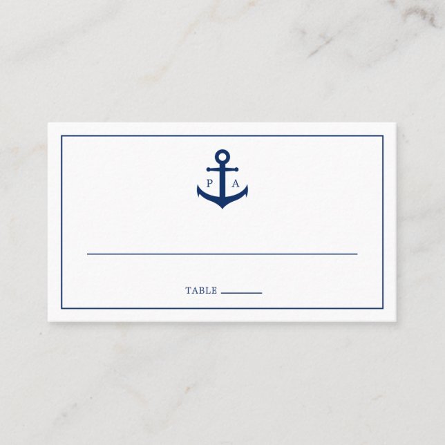 Monogram Navy Blue Anchor Nautical Wedding Place Card (Front)